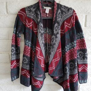 Patterned Gray and Burgundy Asymmetrical Cardigan Sweater